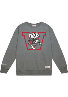 Mens Wisconsin Badgers Grey Mitchell and Ness Down To The Wire Vintage Logo Crew Sweatshirt