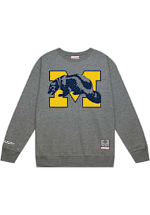 Mitchell and Ness Michigan Wolverines Mens Grey Down To The Wire Vintage Logo Long Sleeve Crew Swe..