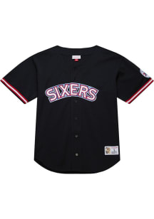 Mitchell and Ness Philadelphia 76ers Mens Black On the Clock Baseball Jersey