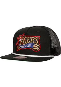 Mitchell and Ness Philadelphia 76ers Black Roper Trucker Mens Snapback Hat