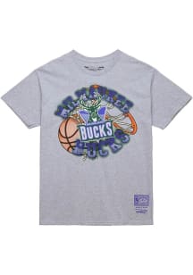 Mitchell and Ness Milwaukee Bucks Grey Graphic Short Sleeve Fashion T Shirt