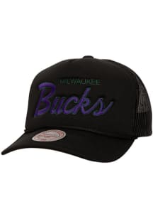 Mitchell and Ness Milwaukee Bucks Script Trucker Adjustable Hat - Black