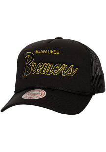 Mitchell and Ness Milwaukee Brewers Script Trucker Adjustable Hat - Black