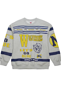 Mitchell and Ness Michigan Wolverines Mens Grey AOP Fleece Long Sleeve Fashion Sweatshirt