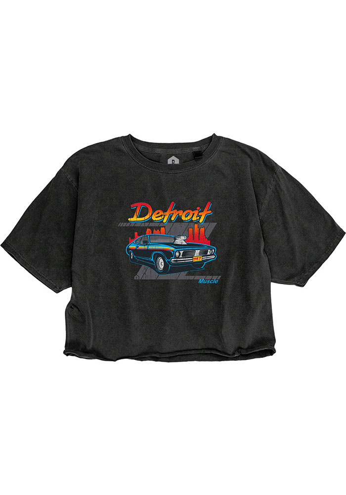 Detroit Women's Stonewash Denim Box Wordmark Cropped Short Sleeve T-Shirt