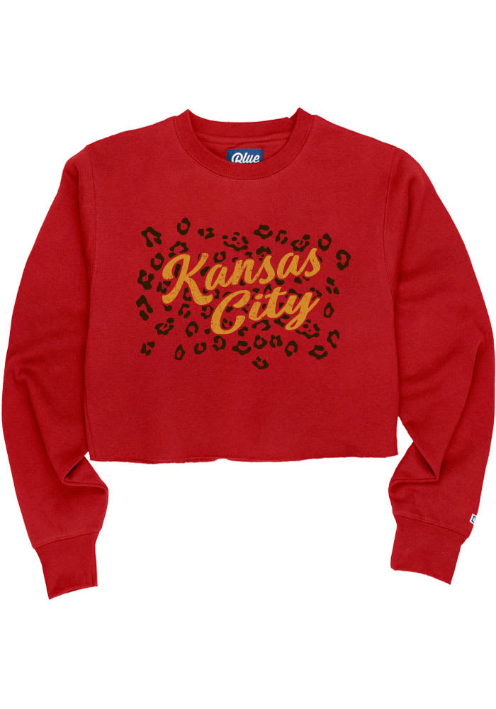 Kansas City Women's Red Cheetah Wordmark Cropped Long Sleeve Crew