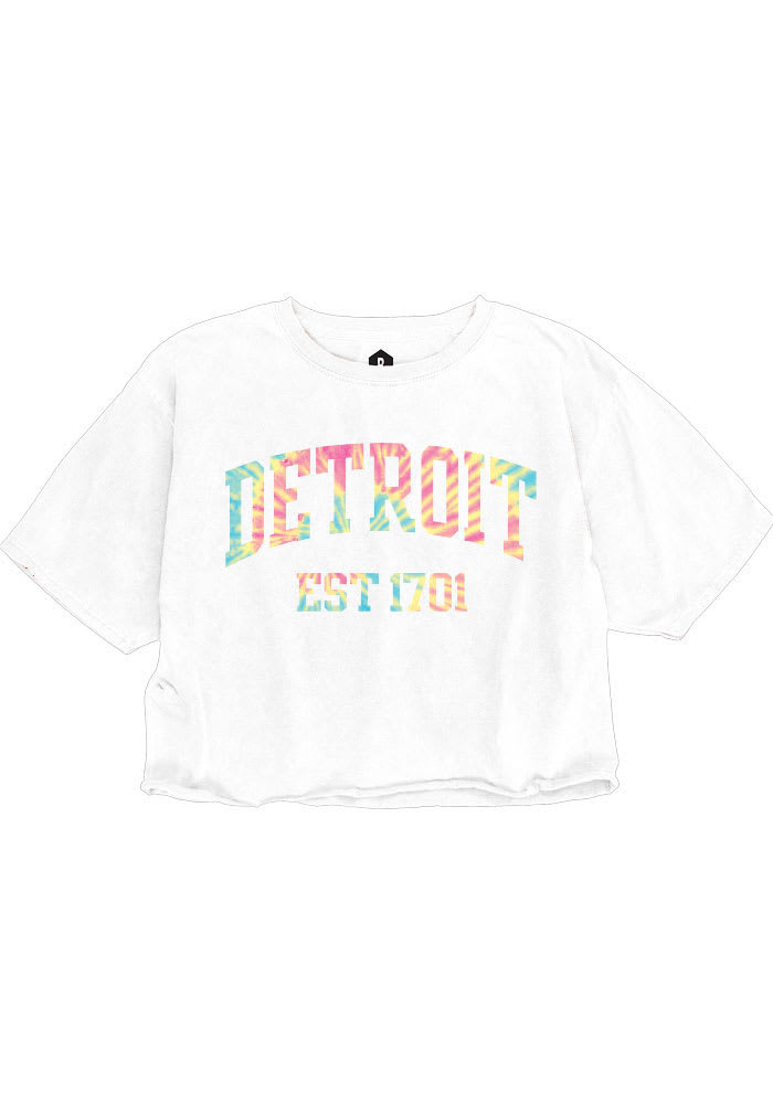 Detroit Women's Stonewash Denim Box Wordmark Cropped Short Sleeve T-Shirt