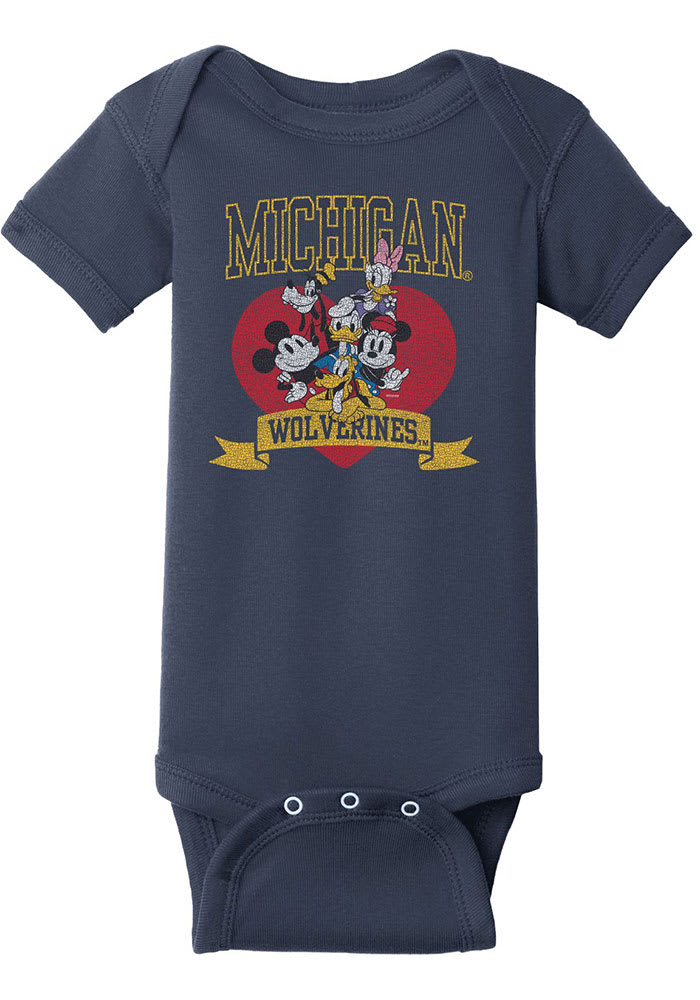Michigan Wolverines Baby Navy Blue Disney Heart Troop Short Sleeve One Piece