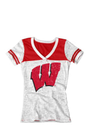 Wisconsin Badgers Juniors White Burnout V-Neck T-Shirt