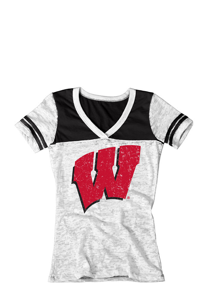 Wisconsin Badgers Juniors White Burnout V-Neck T-Shirt