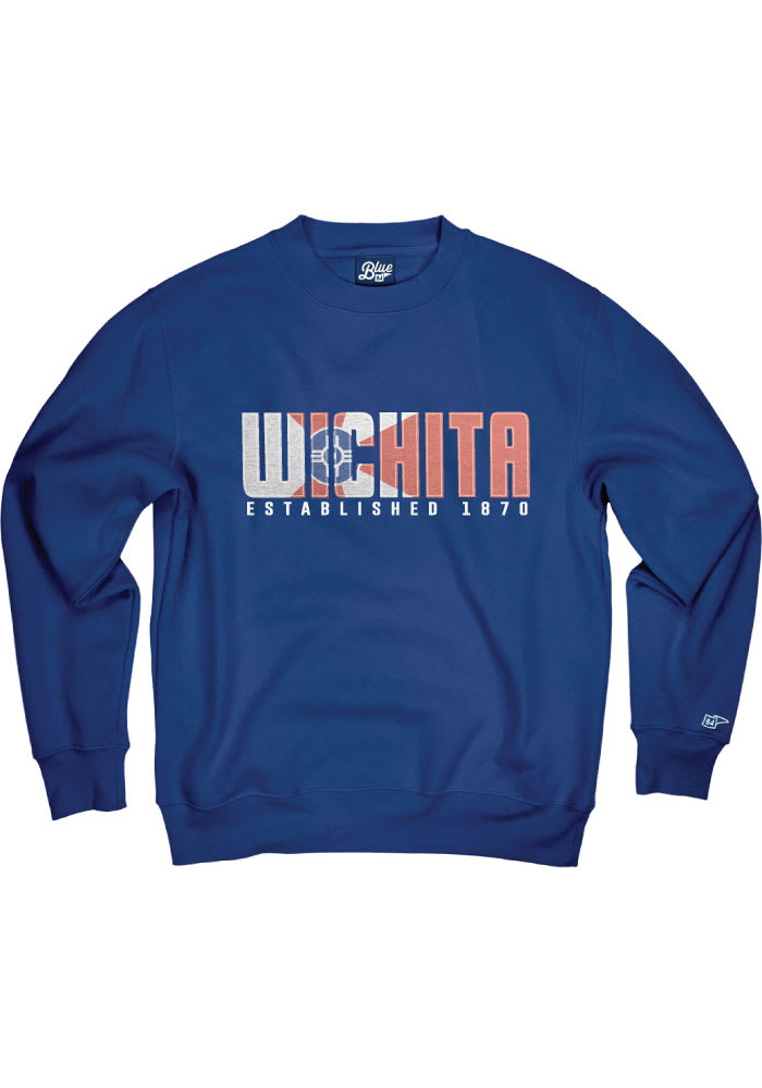 Wichita Mens Blue Wordmark Flag Long Sleeve Crew Sweatshirt