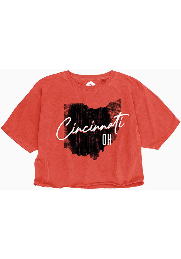 Cincinnati Women's Red State Shape Wordmark Cropped Short Sleeve T-Shirt
