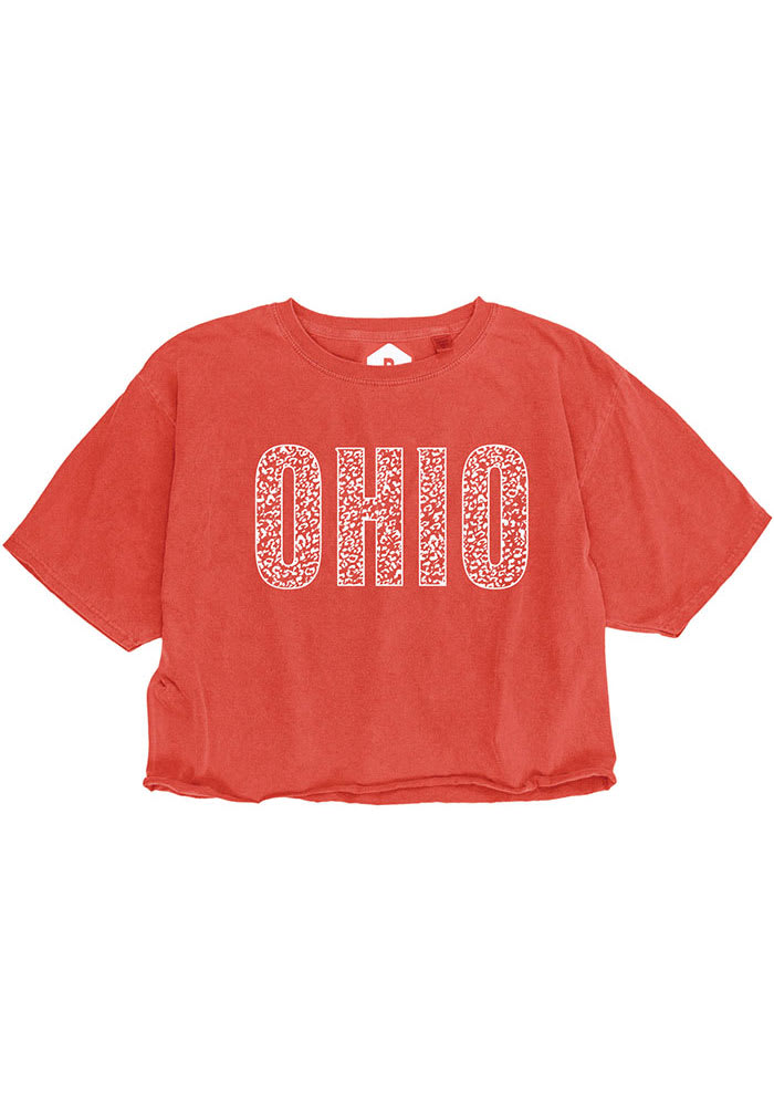 Ohio Women's Red Cheetah Wordmark Cropped Short Sleeve T-Shirt