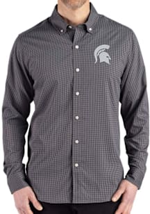 Mens Michigan State Spartans Black Cutter and Buck Gingham LS Woven Long Sleeve Dress Shirt