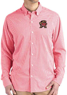 Mens Maryland Terrapins Red Cutter and Buck Gingham LS Woven Long Sleeve Dress Shirt