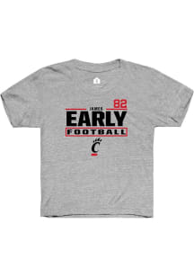 James Early Youth Grey Cincinnati Bearcats NIL Stacked Box Short Sleeve Player T-Shirt