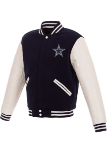 Dallas Cowboys Mens Navy Blue Reversible Fleece Faux Leather Medium Weight Jacket