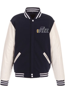 Utah Jazz Mens Navy Blue Reversible Fleece Faux Leather Medium Weight Jacket