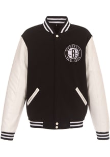 Brooklyn Nets Mens Black Reversible Fleece Faux Leather Medium Weight Jacket