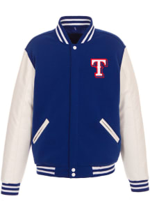 Texas Rangers Mens Blue Reversible Fleece Faux Leather Medium Weight Jacket