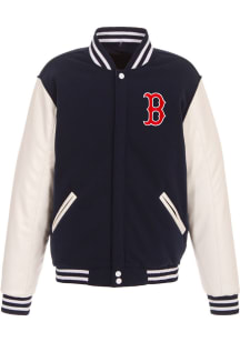 Boston Red Sox Mens Navy Blue Reversible Fleece Faux Leather Medium Weight Jacket