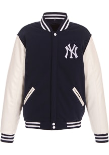 New York Yankees Mens Navy Blue Reversible Fleece Faux Leather Medium Weight Jacket