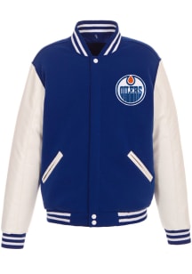 Edmonton Oilers Mens Blue Reversible Fleece Faux Leather Medium Weight Jacket
