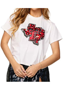 Queen of Sparkles Texas Tech Red Raiders Womens White Sequin Mascot Flower Short Sleeve T-Shirt