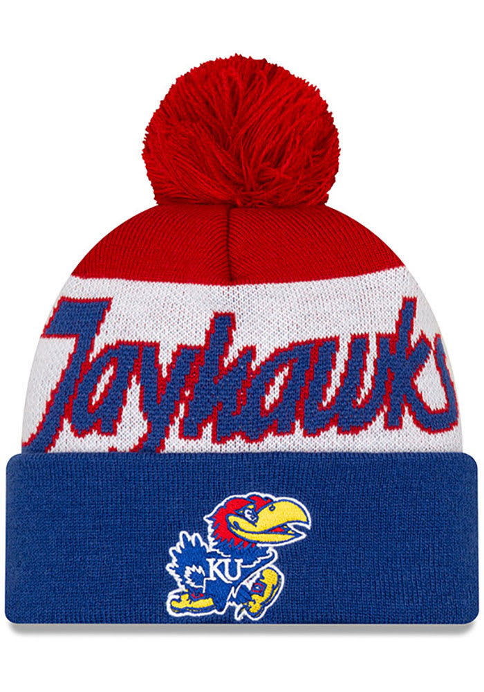 New Era Kansas Jayhawks Blue JR Script Cuff Pom Youth Knit Hat