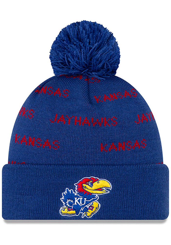 New Era Kansas Jayhawks Blue Repeat Cuff Pom Mens Knit Hat