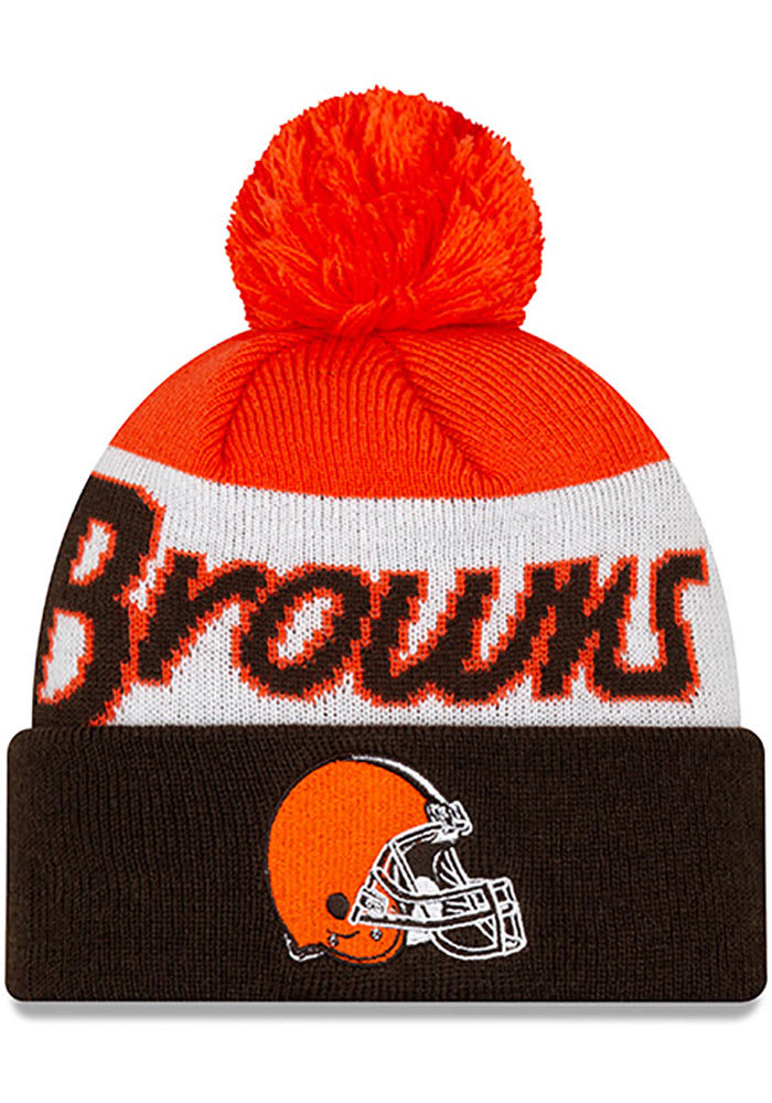 New Era Cleveland Browns Brown Script Cuff Pom Mens Knit Hat