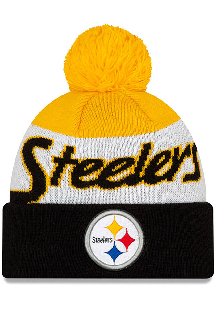 New Era Pittsburgh Steelers Black Script Cuff Pom Mens Knit Hat