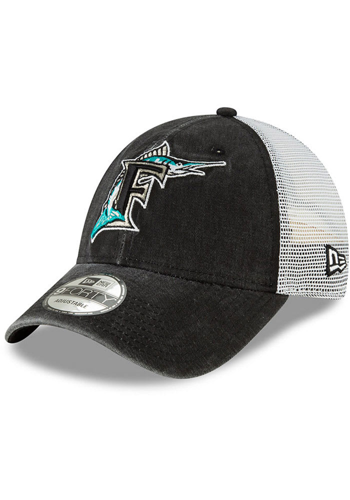 New Era Miami Marlins Cooperstown Trucker 9FORTY Adjustable Hat - Black