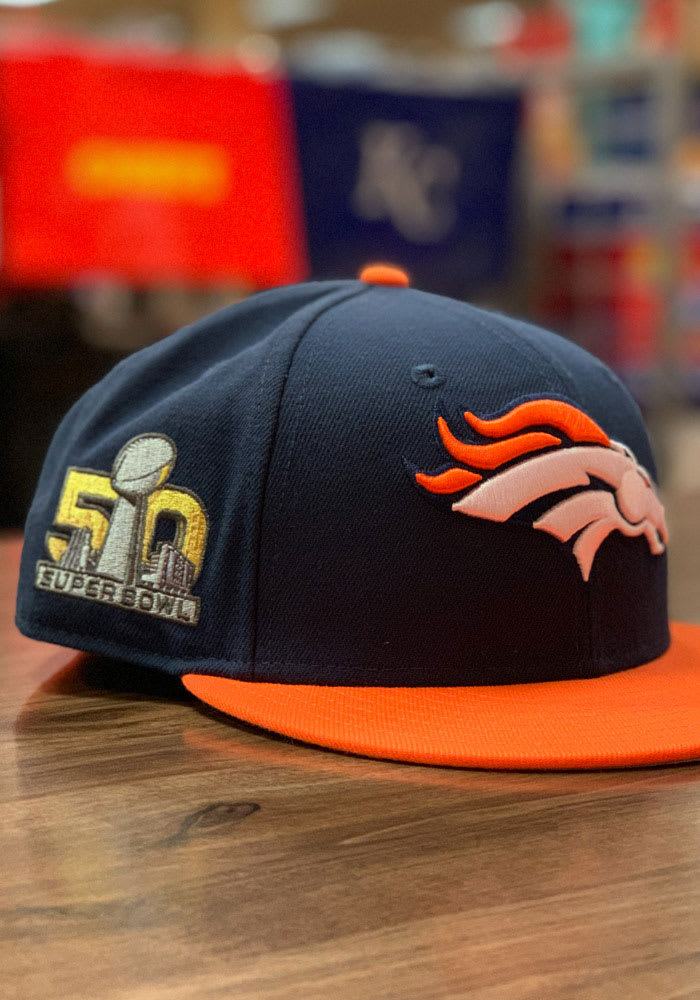 New Era Denver Broncos Mens Navy Blue Super Bowl 50 Side Patch 59FIFTY Fitted Hat