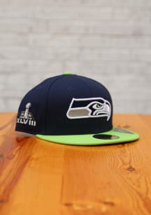 New Era Seattle Seahawks Mens Navy Blue Super Bowl XLVIII Side Patch 59FIFTY Fitted Hat