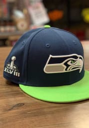 New Era Seattle Seahawks Mens Navy Blue Super Bowl XLVIII Side Patch 59FIFTY Fitted Hat