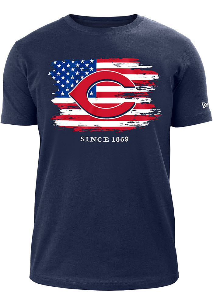 New Era Cincinnati Reds Navy Blue Logo Over Flag Short Sleeve T Shirt