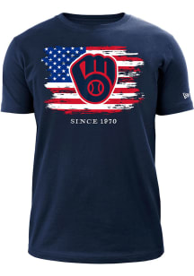 New Era Milwaukee Brewers Navy Blue Logo Over Flag Short Sleeve T Shirt