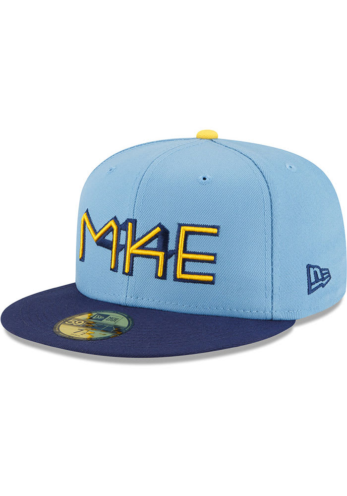 New Era Milwaukee Brewers Mens Light Blue 2022 City Connect 59FIFTY Fitted Hat