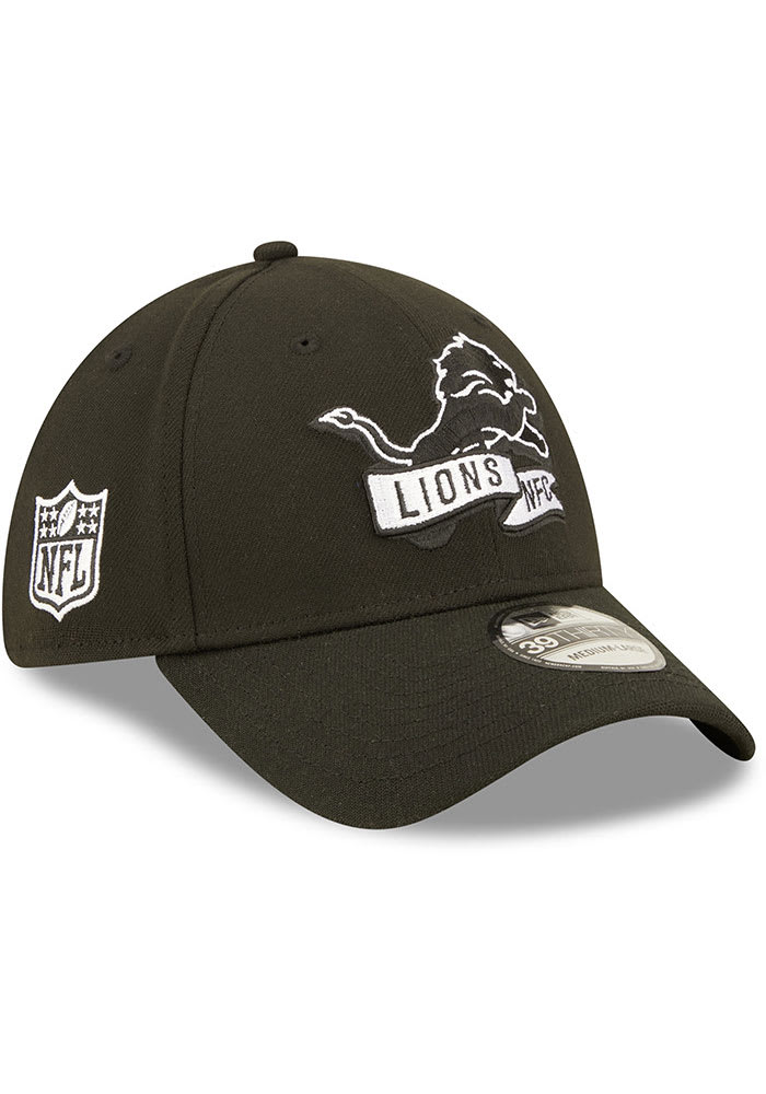 New Era Detroit Lions Mens Black 2022 Sideline BW 39THIRTY Flex Hat