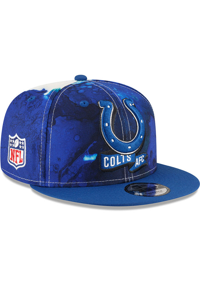 New Era Indianapolis Colts Blue Ink Dye 2022 Sideline 9FIFTY Mens Snapback Hat