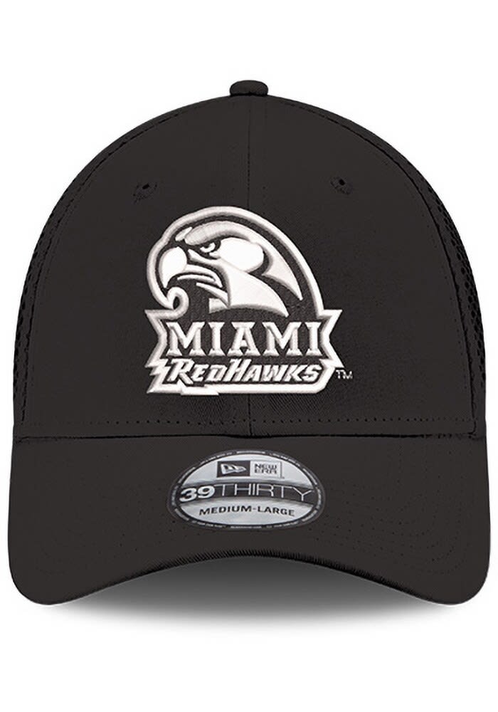 New Era Miami RedHawks Mens Black White logo Neo 39THIRTY Flex Hat