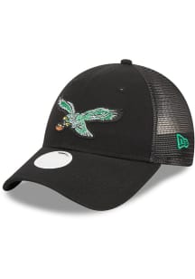 New Era Philadelphia Eagles Black Retro Logo Sparkle 9FORTY Womens Adjustable Hat