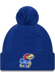 New Era Kansas Jayhawks Blue JR Cabled Cuff Pom Youth Knit Hat