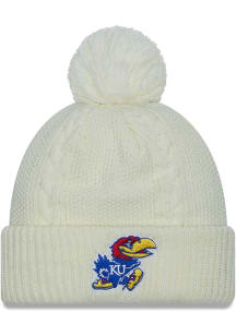 New Era Kansas Jayhawks White JR Cabled Cuff Pom Youth Knit Hat