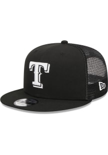 New Era Texas Rangers Black BW Evergreen Trucker 9FIFTY Mens Snapback Hat