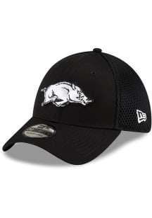 New Era Arkansas Razorbacks Mens Black Black and White Logo 39THIRTY Flex Hat