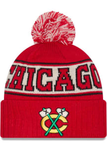 New Era Chicago Blackhawks Red Retro Pom Knit Style Mens Knit Hat