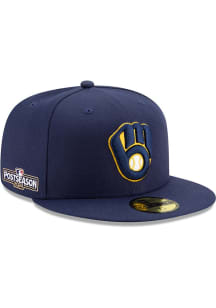 New Era Milwaukee Brewers Mens Navy Blue Home AC 2024 Postseason Side Patch 59FIFTY Fitted Hat