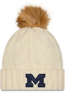 New Era Michigan Wolverines White Fur Cuff Pom Womens Knit Hat